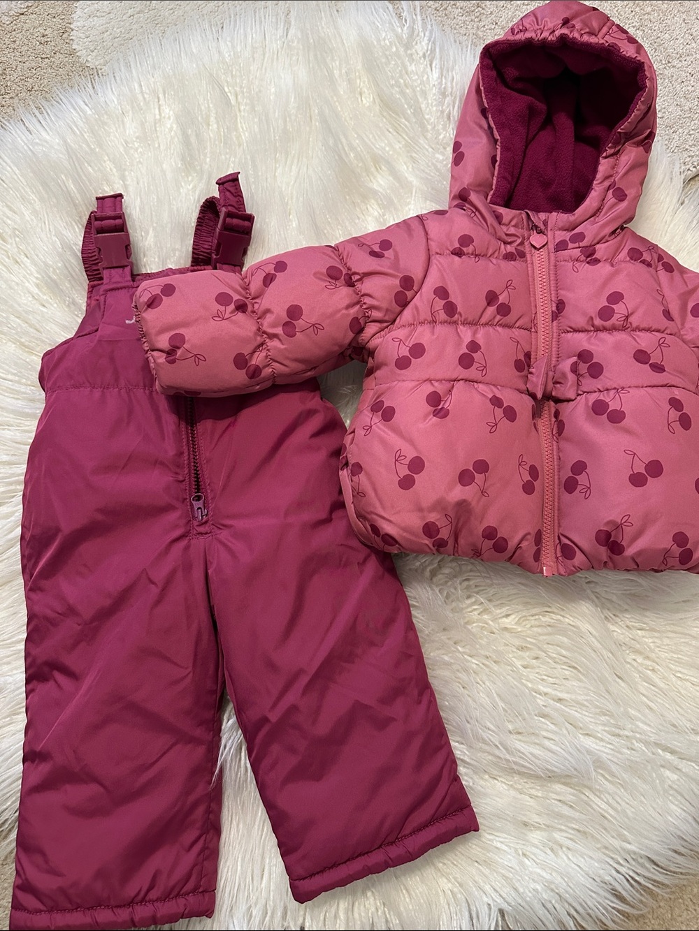 Carter's Pink and Dark Pink Cherry Print Puffer Jacket with Bib Snow Pants